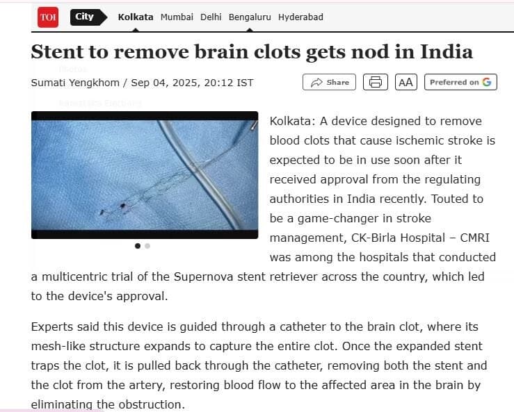 Stent to remove brain clot gets nod in India