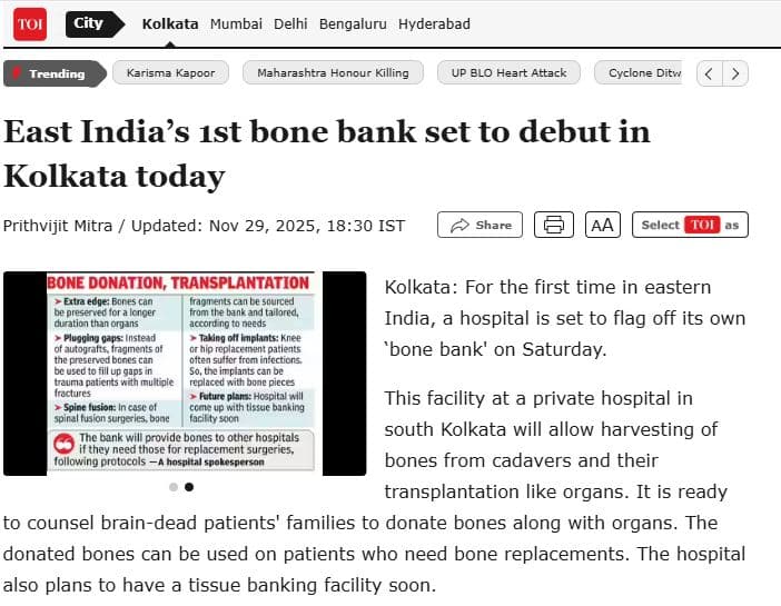 East India's first Bone bank set to debut in Kolkata Today