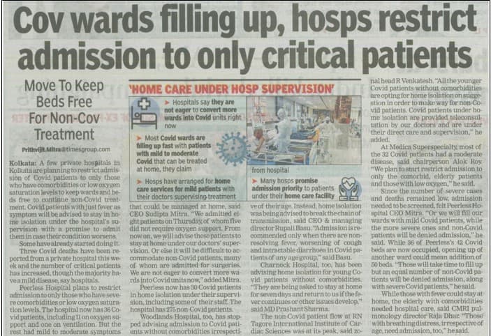 Cov wards filling up, hosps restrict admission to only critical patients