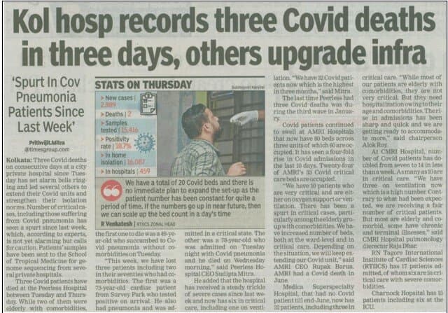 Kol hosp record 3 covid deaths in 3 days, others upgrade infra
